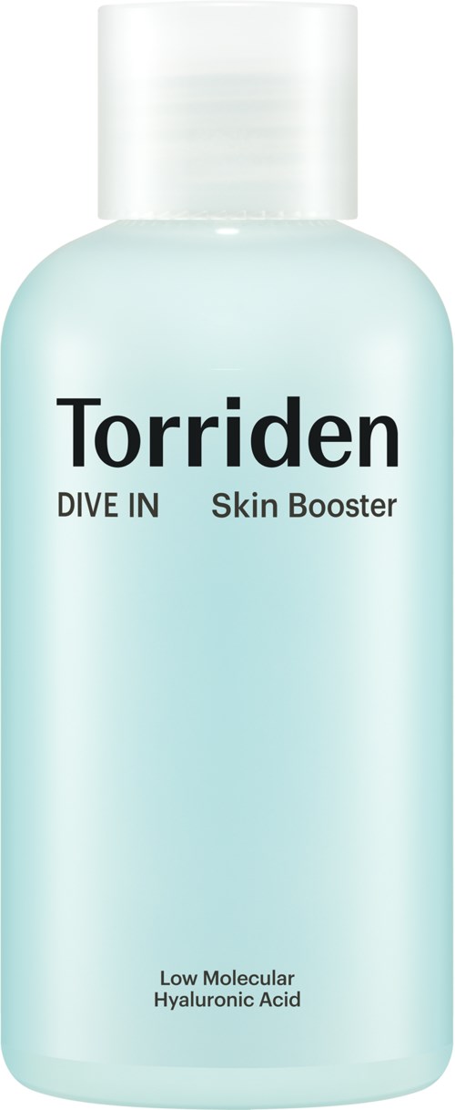 A light blue bottle with a white cap, labeled 'Torriden DIVE IN Skin Booster' and 'Low Molecular Hyaluronic Acid.'