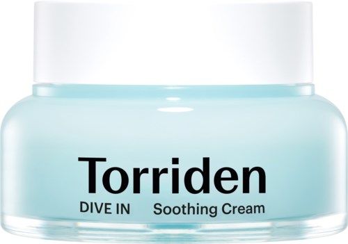 A small jar of light blue soothing cream with a white lid and black text on the label.
