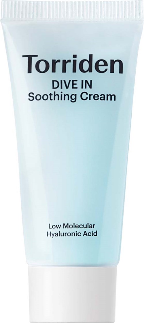 Eine Tube Torriden Dive In Beruhigende Creme mit Hyaluronsäure. Weißes und hellblaues Design.