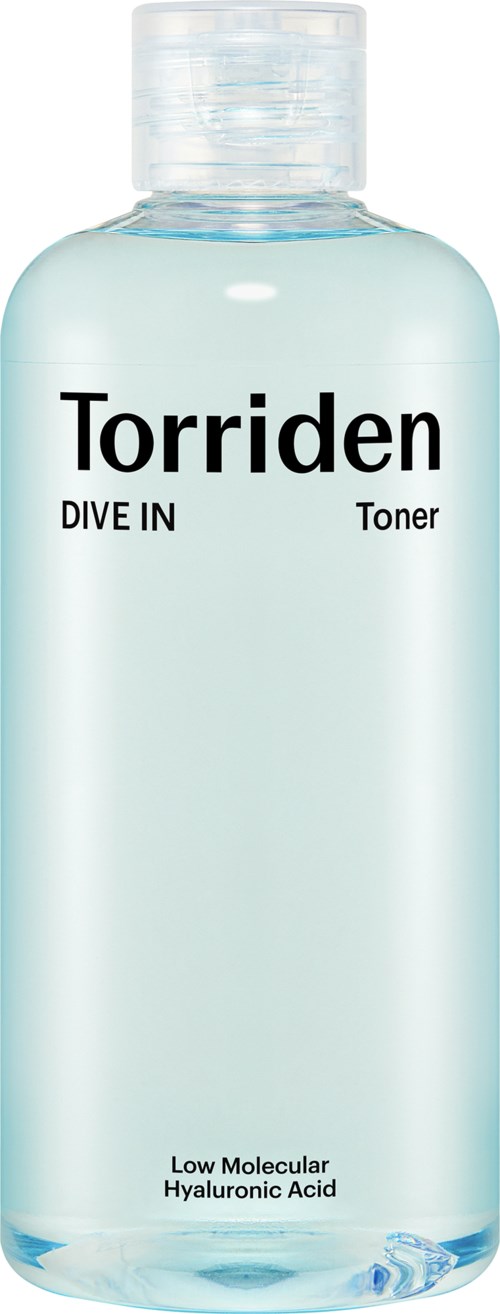 A clear bottle with a white liquid, labeled Torriden Dive In Toner, containing hyaluronic acid.