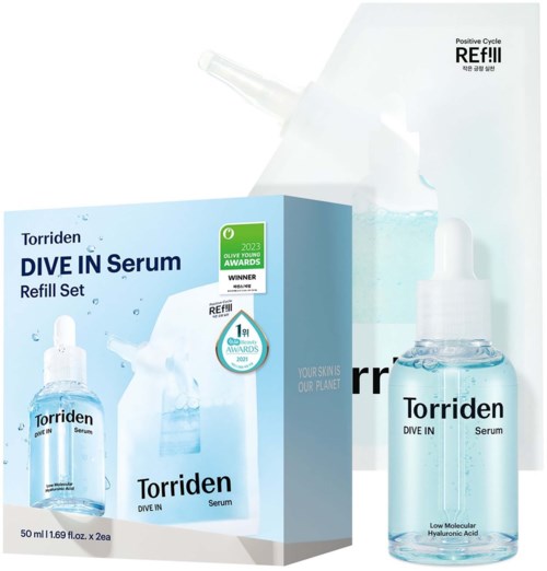 Pakkaus ja pullot Torriden Dive In Serum täydennyssarjalle, etiketit, palkintoja ja tipputölkkejä.