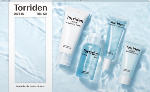 Skincare set includes cleansing foam, toner, soothing cream, and trial kit. All products are blue and white.