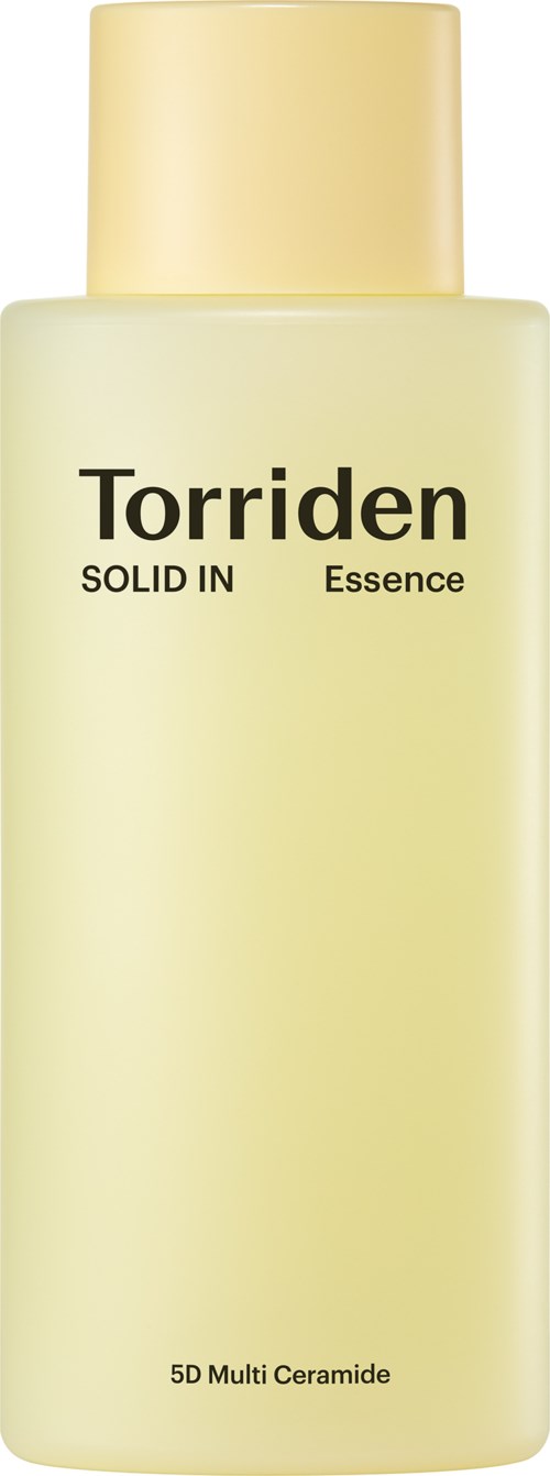 A cream-colored bottle labeled 'Torriden SOLID IN Essence' with a yellow cap.