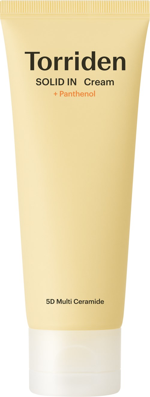 A beige tube of Torriden solid in cream with black and red text, kept upright with a white cap.
