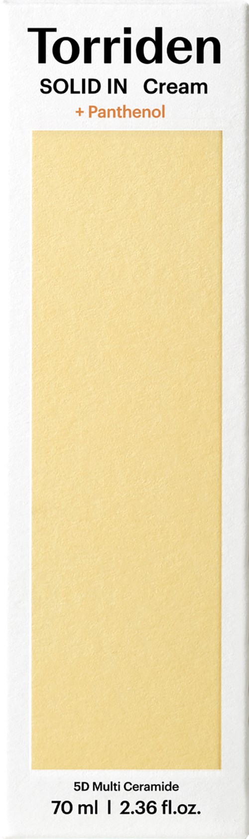 A packaging box for Torriden cream with yellow treatment area, white background, black and orange text, and a vertical design.