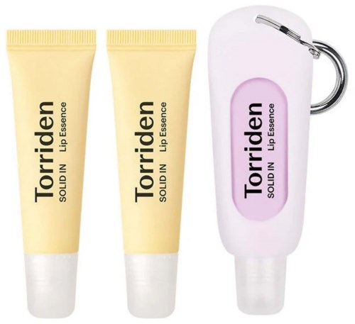 To tuber med Torriden Lip Essence og en leppepomade med rosa etikett og hvit presentasjon.