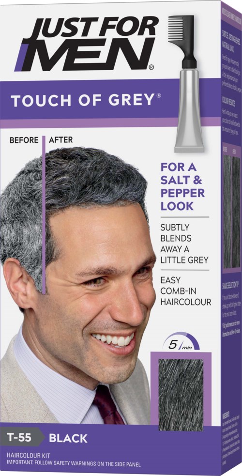A box of men's hair dye with a happy man's face, showing before and after greying hair, and a small hairbrush illustration.