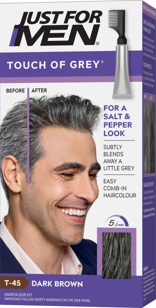 Packaging shows a smiling man with grey hair, a hair dye kit, and instructions for a grey hair look.