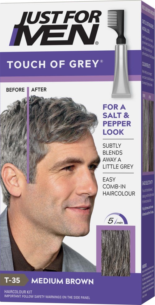 Box of hair dye with a man's photo showing before and after hair color results. Describes the shade as medium brown.
