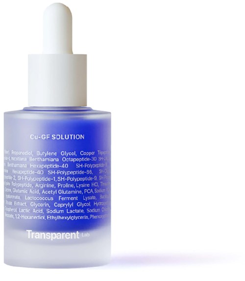 Eine transparente Hautserumflasche mit Pipette, beschriftet Cu-GF Solution, enthält Hautpflegezutaten.
