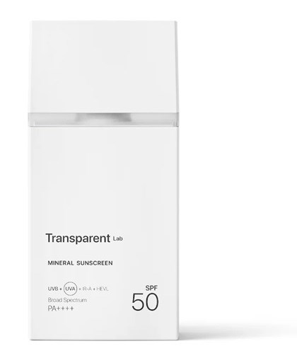 A white bottle with a flip-top cap labeled "Transparent Lab" mineral sunscreen, SPF 50, broad spectrum.