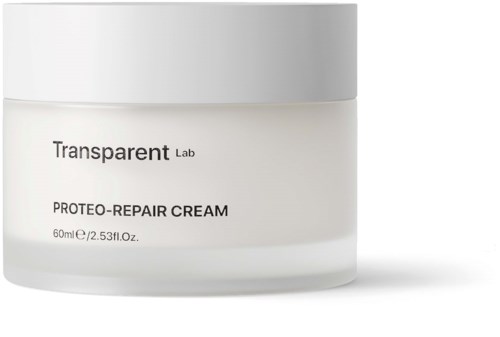 A white jar of skin cream labeled PROTEO-REPAIR, 60 ml, from Transparent Lab skincare brand.