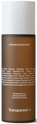 Eine Flasche mit dem Etikett 'Strong Exfoliator' von Transparent Lab, mit brauner Flüssigkeit und weißem Deckel.