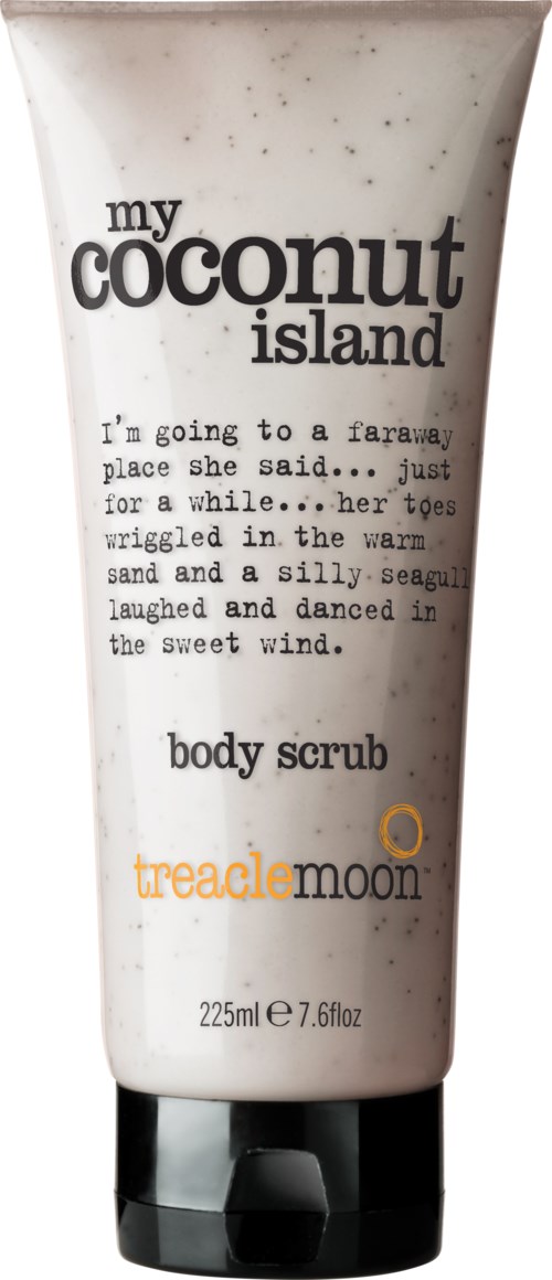 Een tubes met body scrub met een kokos-eiland thema, met een gedicht over een warme zandplek.