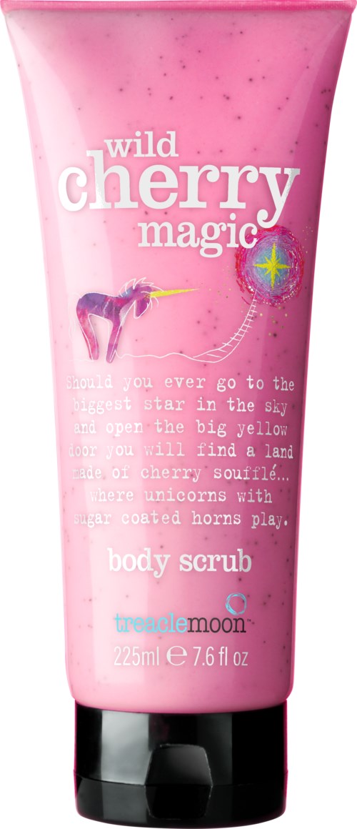 Roze tube lichaamscrème met 'wild cherry magic'-label met eenhoorns en sterrenhemel. 225ml.
