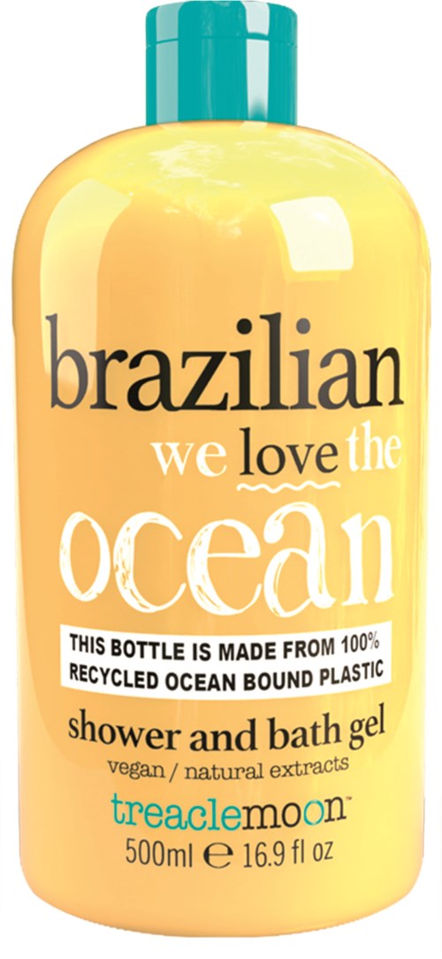 Een gele fles met groene dop, met het label 'Brazilian we love the ocean,' bevat douche- en badgel van Treaclemoon.