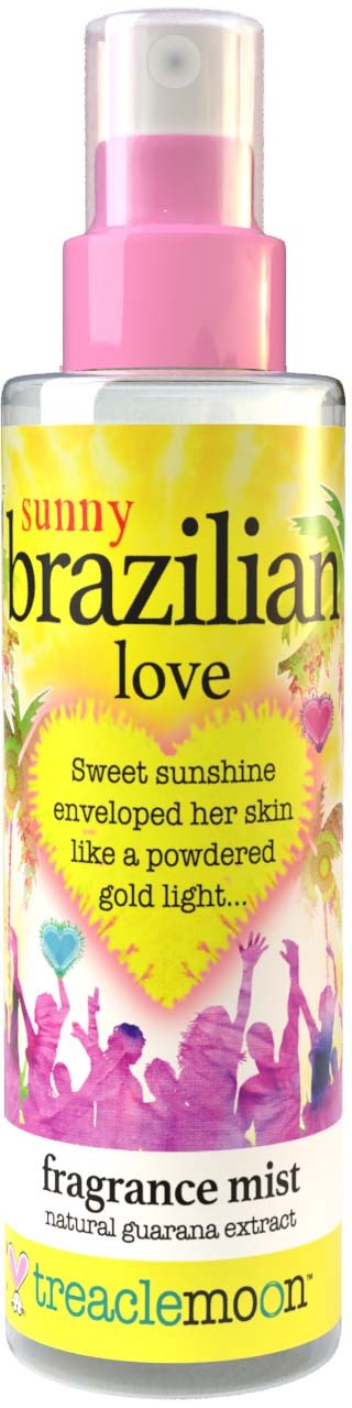 Lichte sprayfles met roze dop, tekst over Braziliaanse liefde, zonneschijn en guava geur, en afbeeldingen van mensen op een festival.