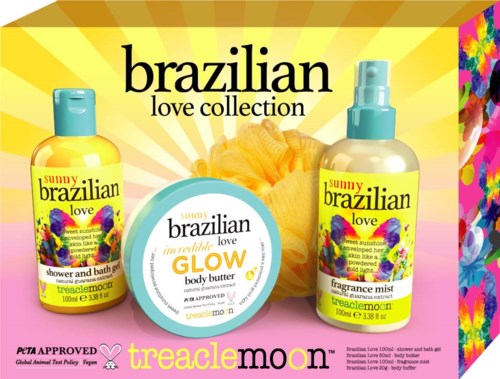 Tre ljusa gula hudvårdsprodukter från brasilianska love collection visas med en tropisk bakgrund.