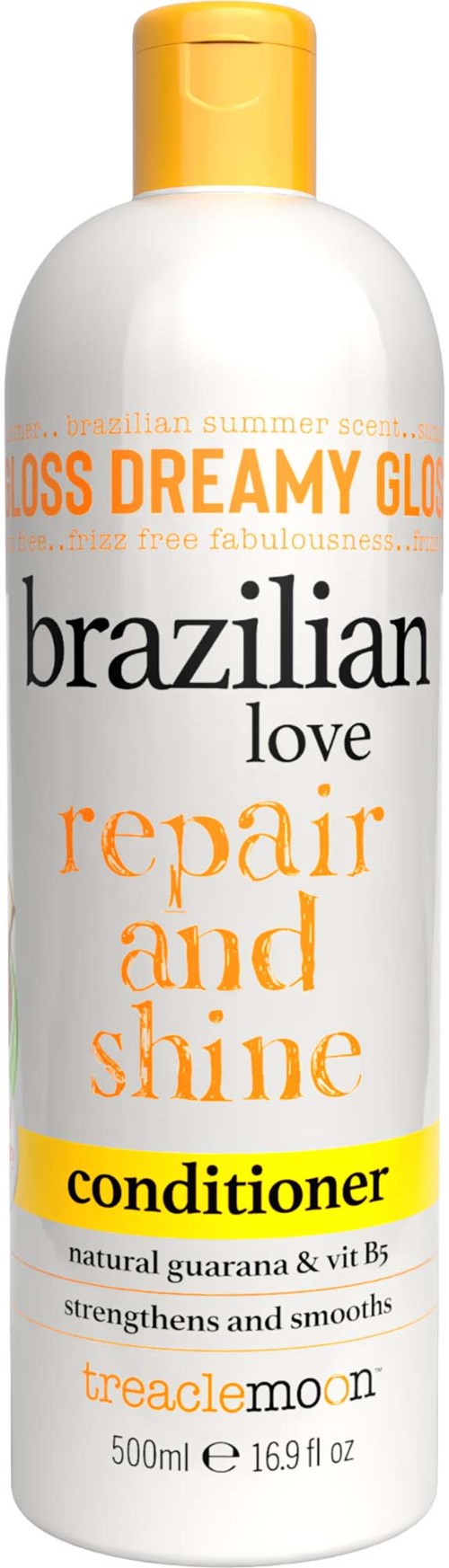 Een witte fles met gele dop met label Brazilian Love Repair and Shine conditioner. Het vermeldt natuurlijke ingrediënten en kracht.