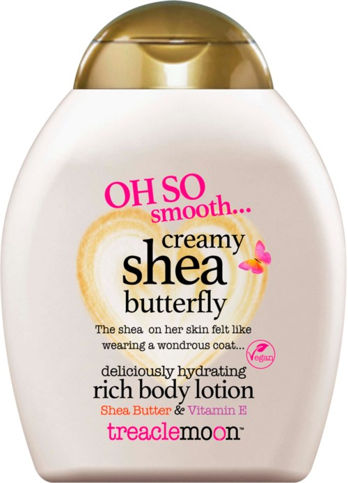 A white lotion bottle with a gold cap, pink and black text, and a butterfly illustration promoting body lotion.