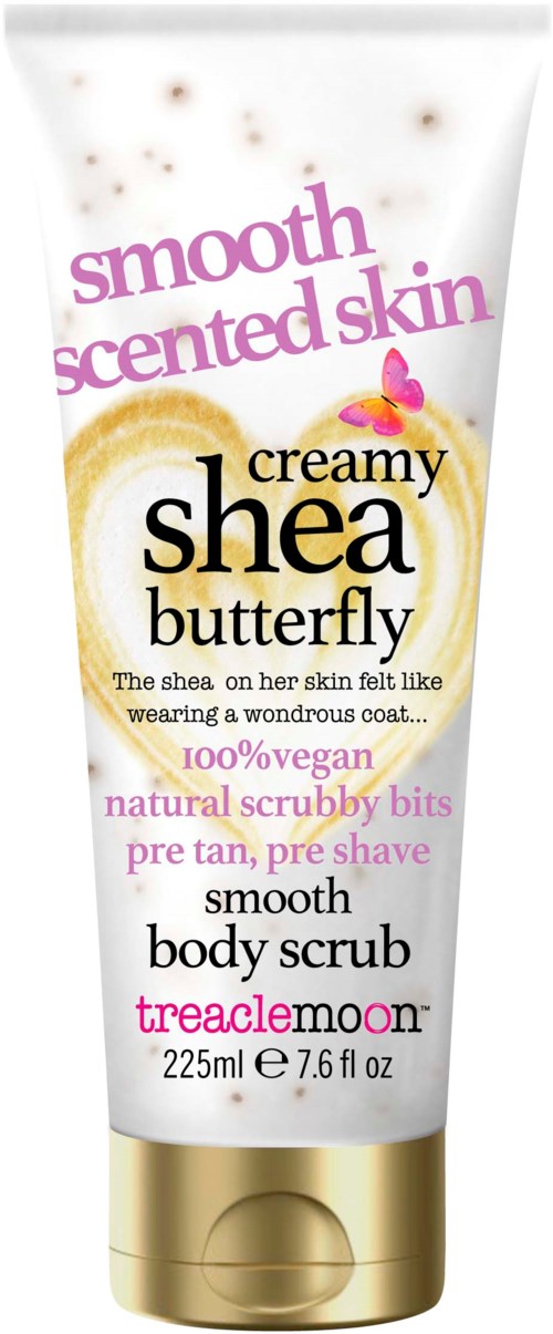 Romige sheabutter body scrub met een zachte, geurende huidformule voor veganistische en natuurlijke verzorging.