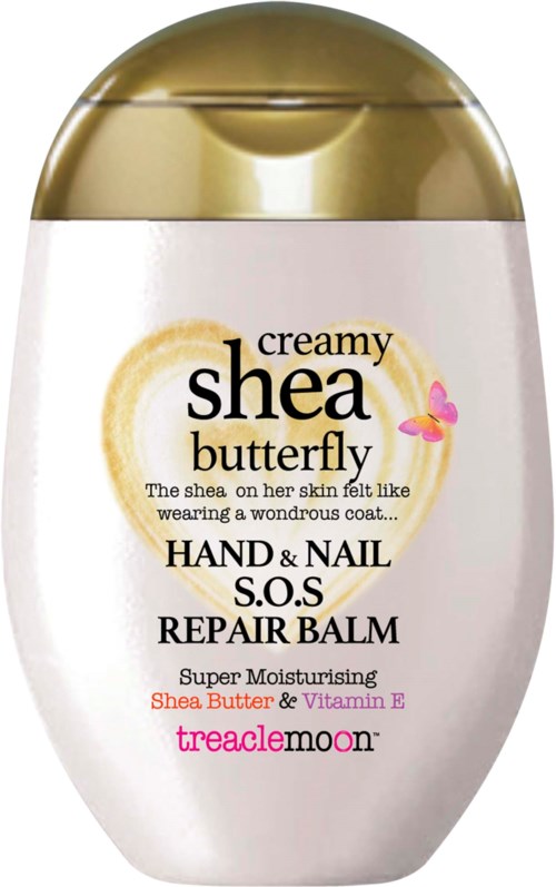 A white and gold container of Shea Butter & Vitamin E Hand & Nail Repair Balm with a butterfly logo.