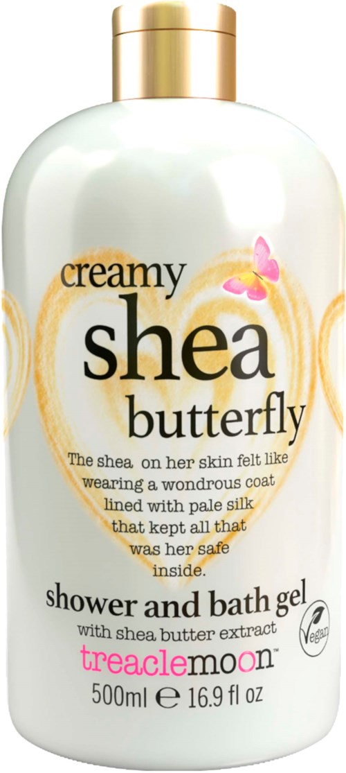 Een witte fles met douche- en badgel, gouden dop, met shea en vlinderbeelden, roze en zwarte tekst.