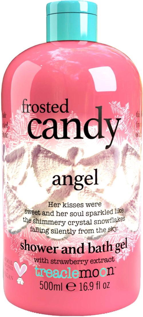 Pink shower gel bottle with a blue cap, labeled 'frosted candy angel' and some descriptive text.