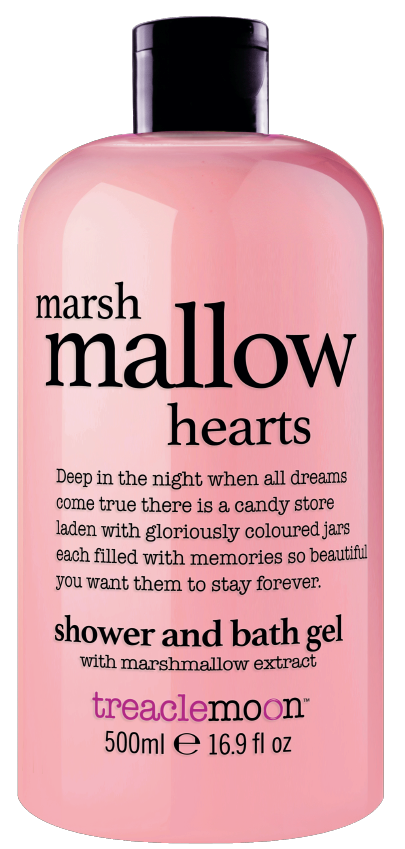 Een roze flesje met douche- en badgel genaamd 'Hearts' met marshmallow-extract, merk 'treaclemoon,' 500 ml.