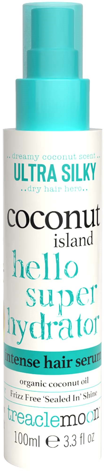 Een witte fles met blauwe accenten genaamd Coconut Island Hello Super Hydrator, een haarserum voor droog haar, met biologische kokosolie.