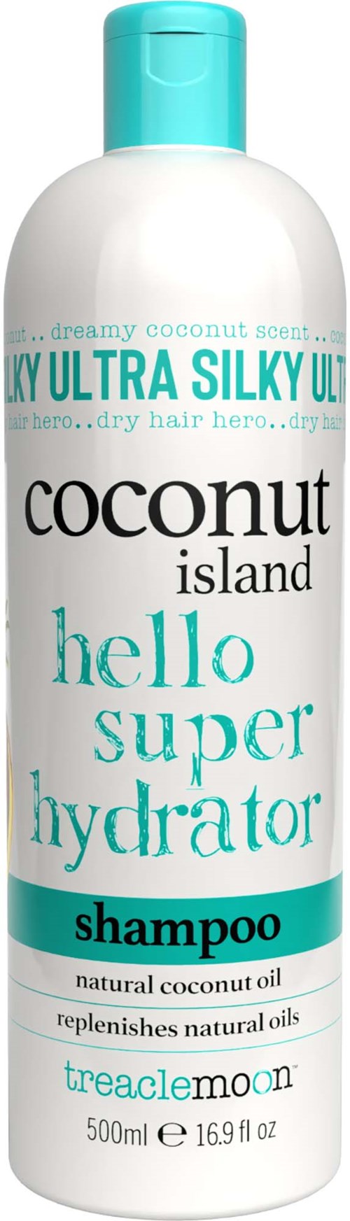 Een witte fles kokos eiland shampoo met blauwe dop, merknaam Treaclemoon, en tekst over hydratatie en natuurlijke oliën.