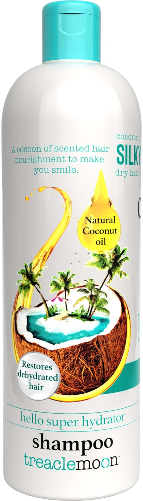 Shampoo fles met kokosolie, palmbomen en klein eiland, bevordert haarhydratatie en herstel.