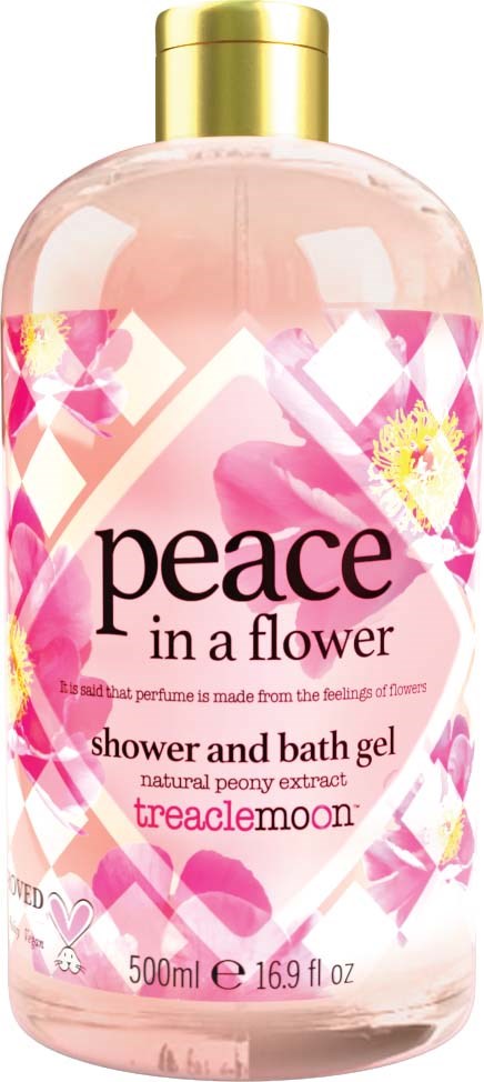 En rosa duschtvålflaska med guldkork, dekorerad med blommor och läppar, märkt 'peace in a flower' och 'treaclemoon.'