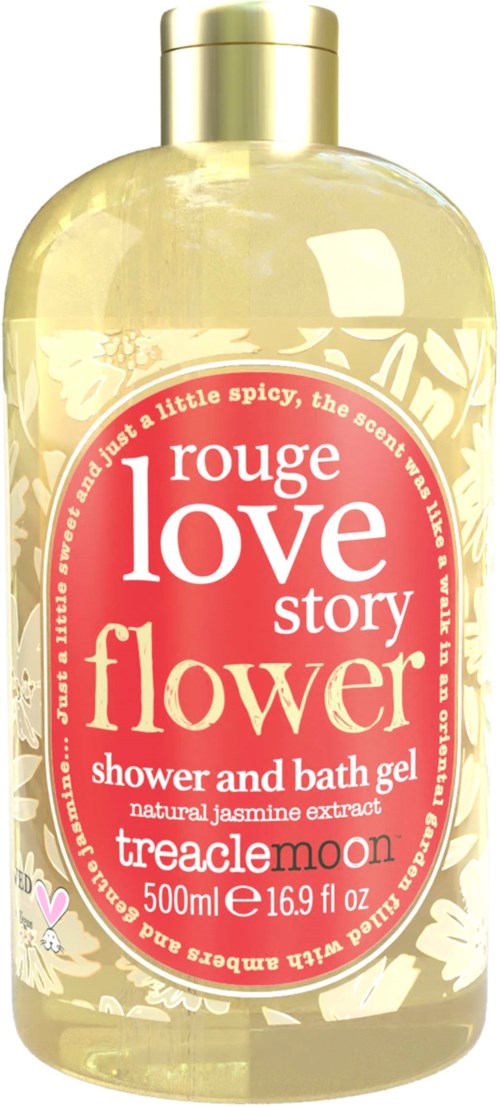 Een doorzichtige fles met een gele tint, roze en witte label, bevat douche- en badgel met jasmijngeur.