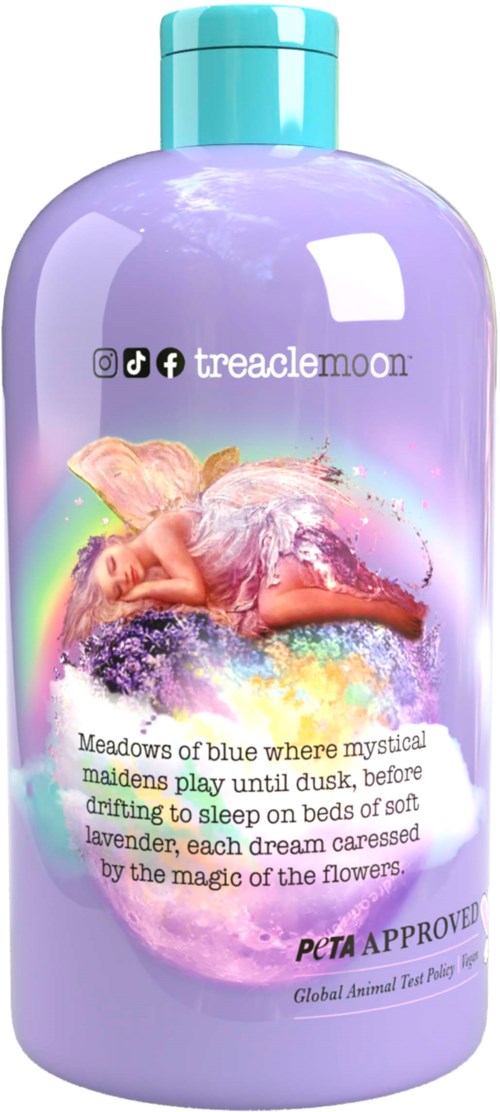 Lila fles met fee-illustratie, regenboogkleuren en tekst over dromen en bloemen.