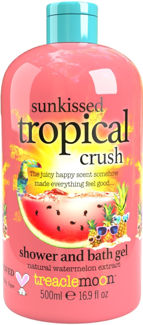 Pink shower gel bottle with a watermelon image, pineapple and pineapple sunglasses, labeled 'sunkissed tropical crush' and 'treacle moon.'
