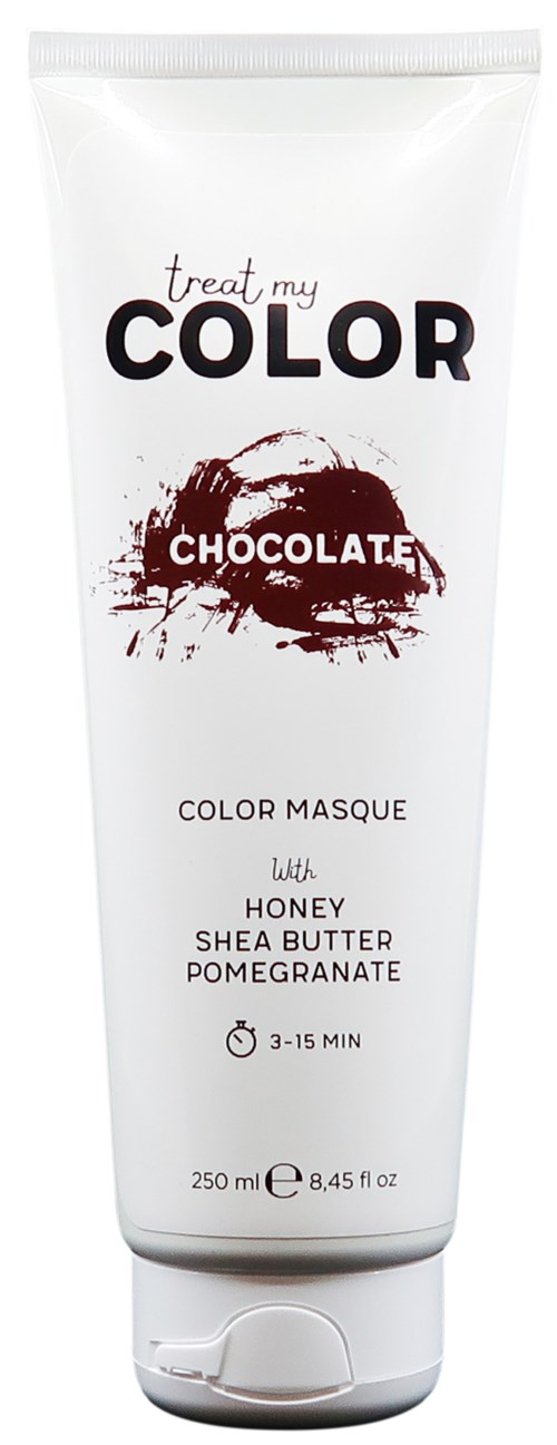 Vit tub med hårmaskin med chokladsplash-design, etiketter för honung, sheasmör och granatäpple, 250ml.