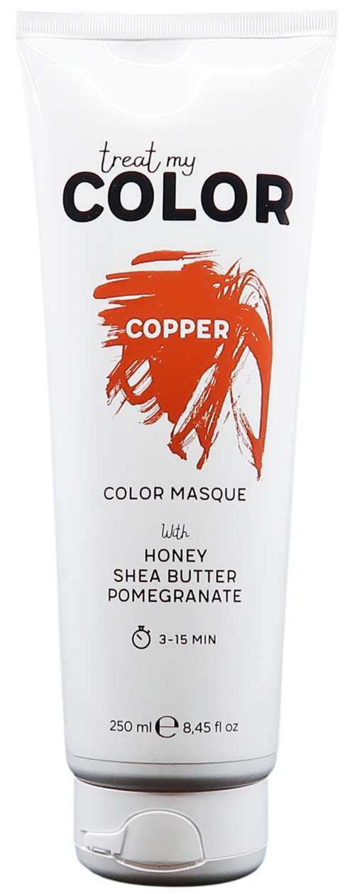 En vit tub med texten 'treat my COLOR' i orange och svart, innehållande hårmask med honung, shea smör och granatäpple.