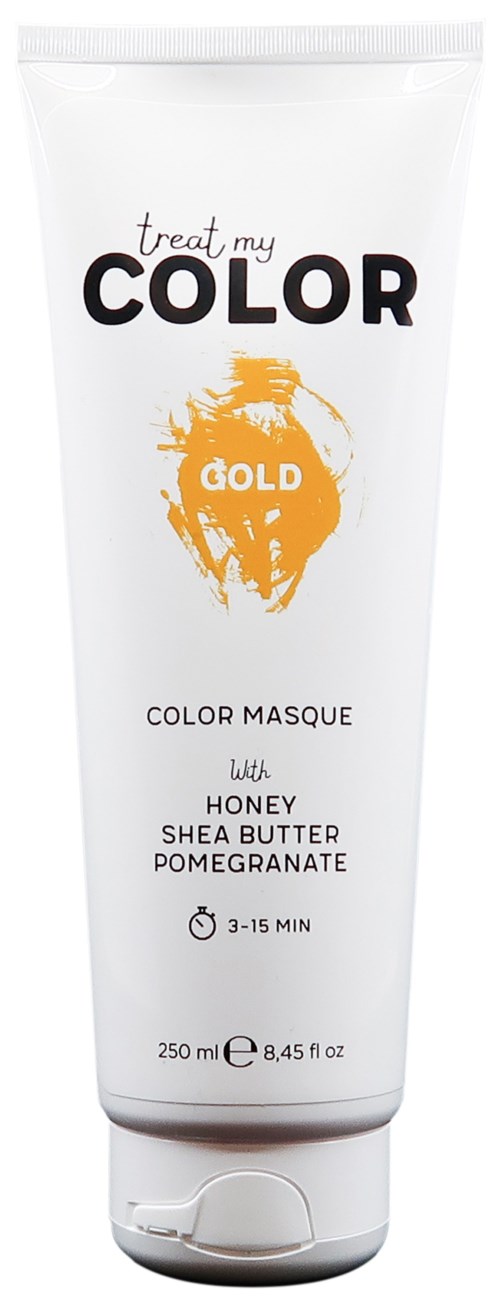En vit tub med hårfärgningsmaskin med orange och svart text, visar ingredienser som honung, shea smör och granatäpple.
