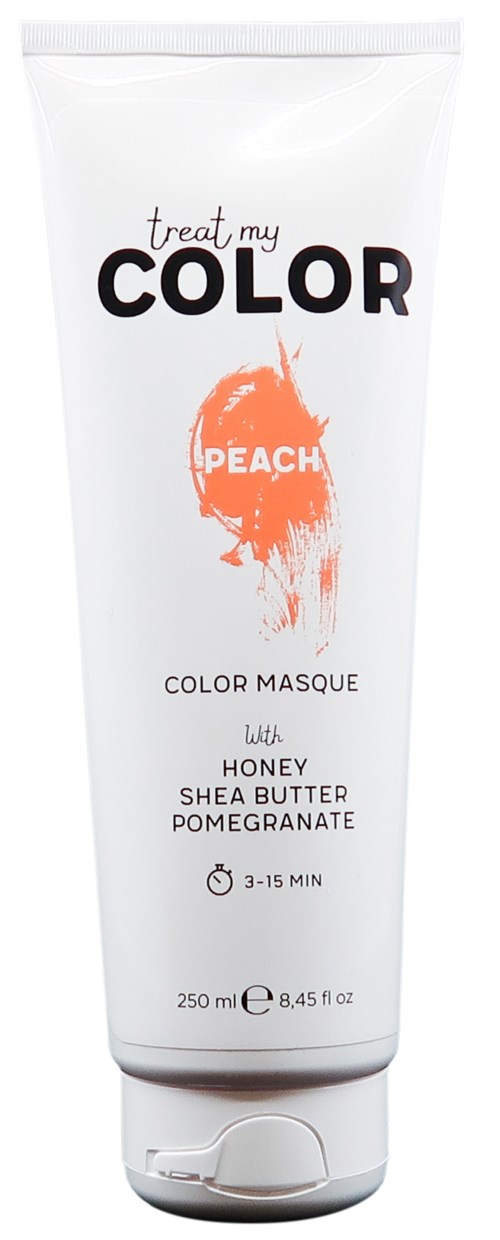 Vit tube märkt 'treat my COLOR PEACH' med orange persikbild. Innehåller hårmask med honung, shea-smör, granatäpple. 3-15 min.