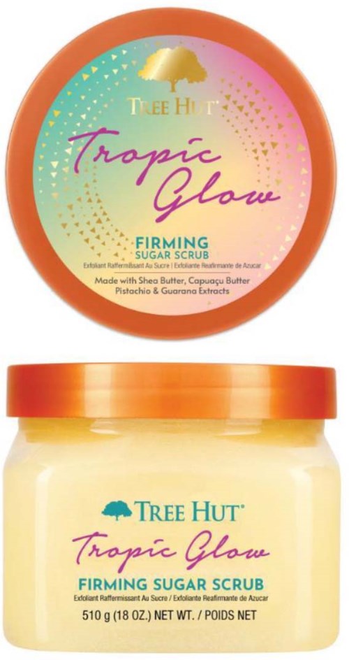 Ein Glas und Deckel von Tree Hut Tropic Glow Festigende Zuckerpeeling mit tropischem und hellrosa Etikettendesign.