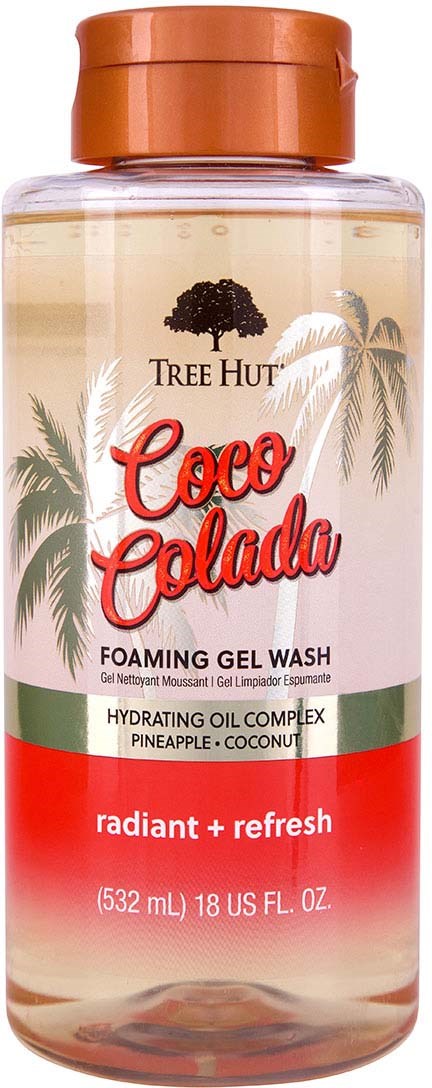 Eine klare Flasche mit Schaumgel Waschmittel, mit braunem Deckel, labeled Coco Colada, mit Ananas- und Kokosduft.