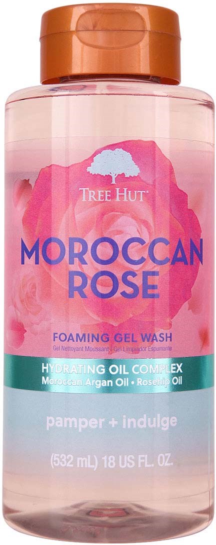 Flasche mit schäumendem Gelwaschmittel namens Tree Hut Moroccan Rose, in Rosa- und Grüntönen mit einem Pfirsichdeckel.