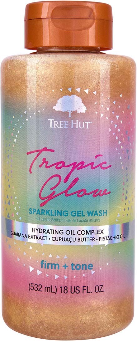Bunte Flasche mit Tree Hut Tropic Glow Gelwäsche, orangefarbenen Deckel, tropisches Design und feuchtigkeitsspendende Inhaltsstoffe.