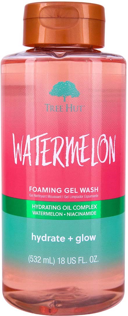 Eine rosa Flasche mit orangefarbenem Deckel, Beschriftung Watermelon Schaumgelenwasch, enthält feuchtigkeitsspendendes Öl mit Wassermelone und Niacinamid.