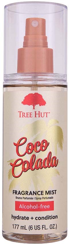 Eine Sprühflasche Duftnebel mit Tree Hut-Logo, gekennzeichnet als Coco Colada, alkoholfrei, 177 ml.