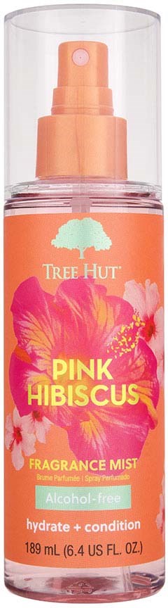Duftsprühflasche mit 'Pink Hibiscus'-Aufdruck, rosa Blume, alkoholfrei, für Feuchtigkeit und Frische.