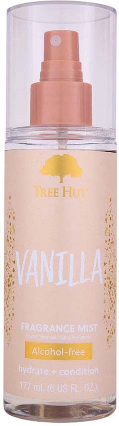 Eine Sprühflasche mit 'Vanilla'-Duft, alkoholfrei, mit durchsichtigem Deckel und rosa Sprühkopf.