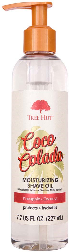 Eine klare Flasche mit Pumpe, beschriftet Coco Colada feuchtigkeitsspendendes Rasieröl mit Ananas- und Kokosduft.