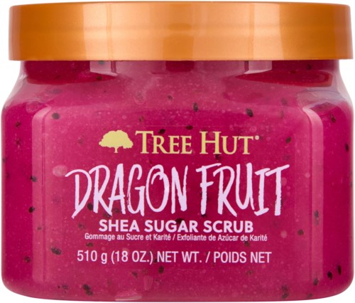 En rosa krukke med Tree Hut Dragon Fruit Shea Sugar Scrub med oransje lokk.